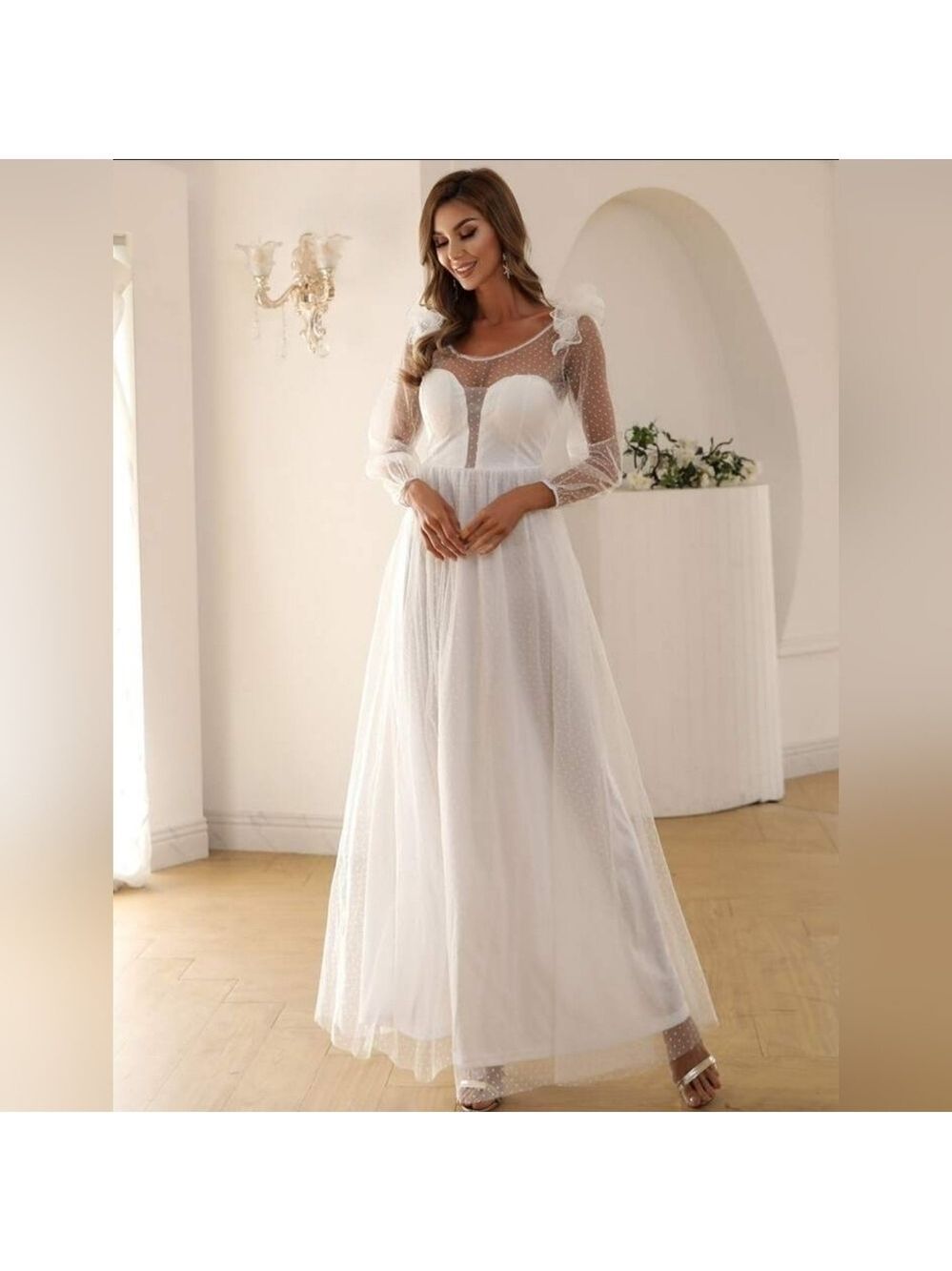 Missord White Dobby Mesh Ruffle Trim Sheer Maxi Dress Large - Picture 3 of 16